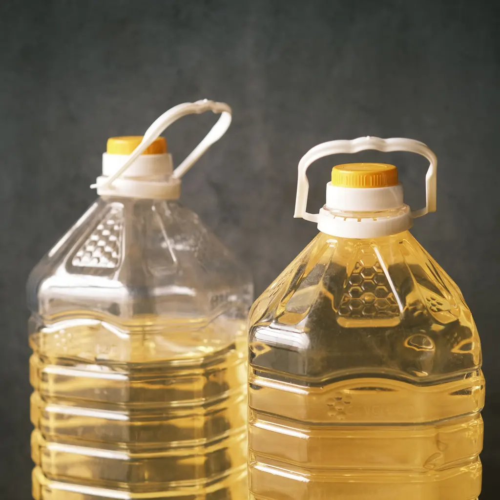 Plastic bottles filled with golden cooking oil.