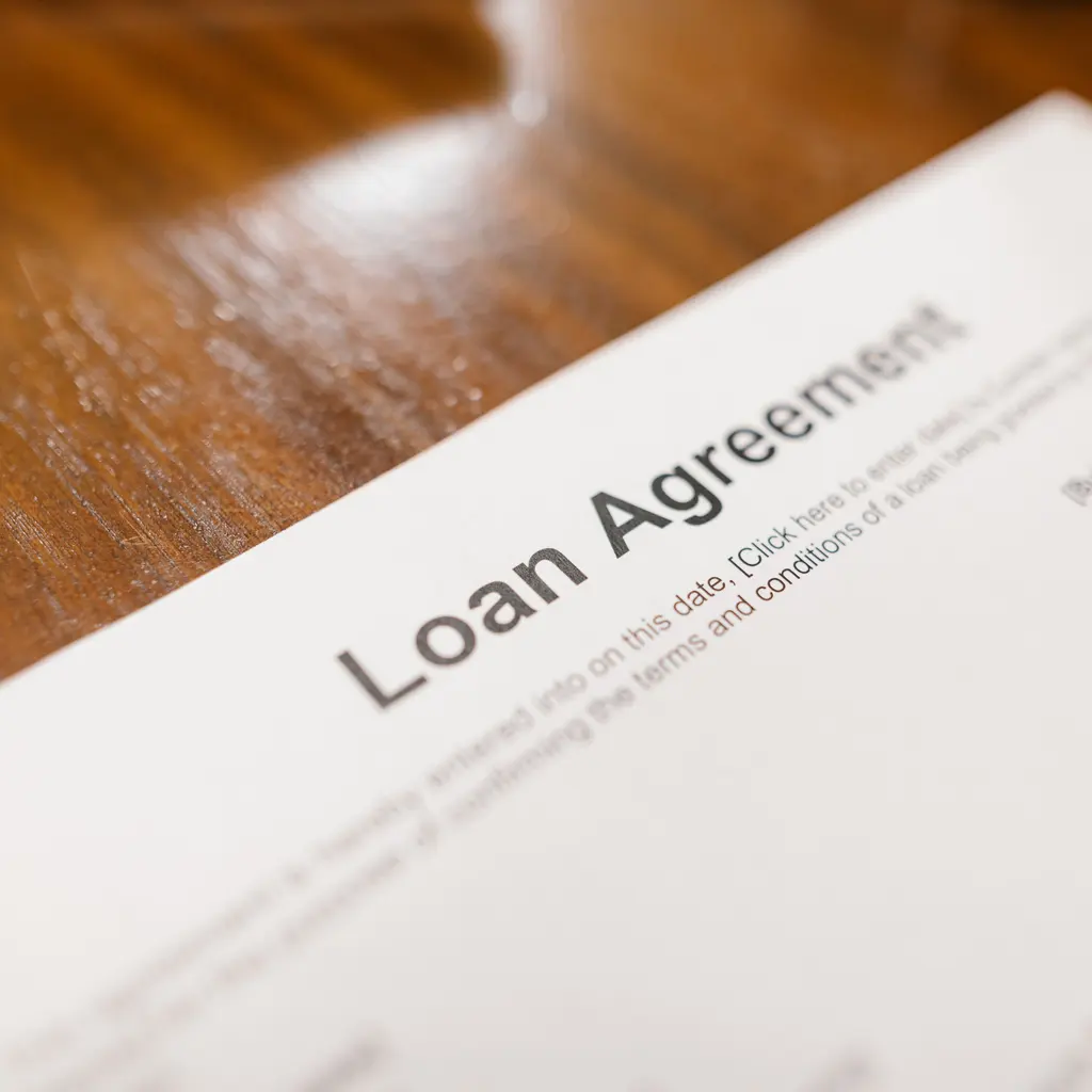 A loan agreement on a wooden desk.