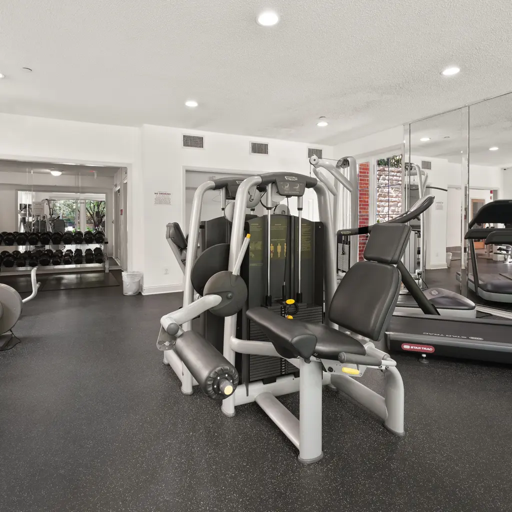 Exercise machines and treadmills arranged in an indoor fitness room.