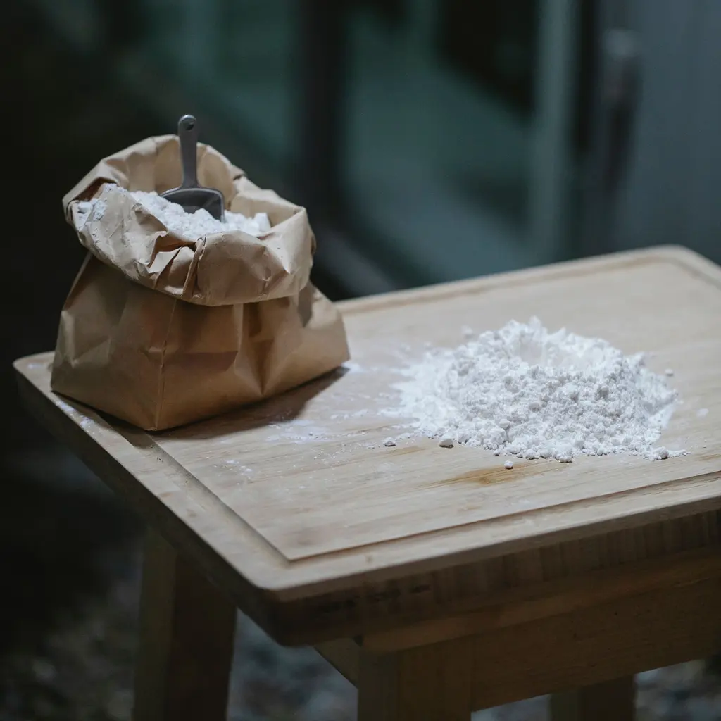 Flour beside a paper bag and a metal scoop.