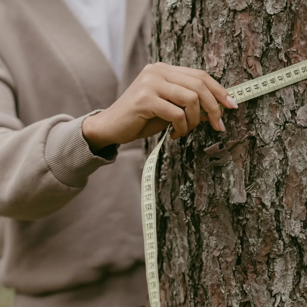 Hands measuring a tree trunk's circumference with a tape.