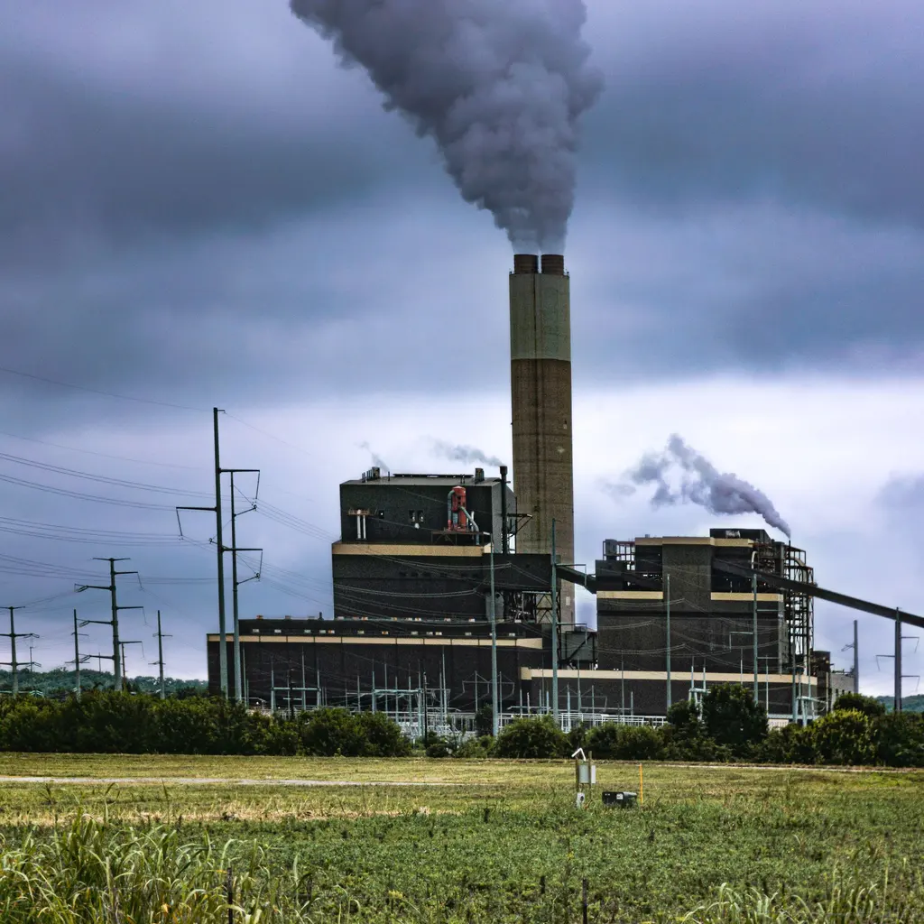 A fuel-fired power station with boiler buildings, chimneys and transmission equipment.