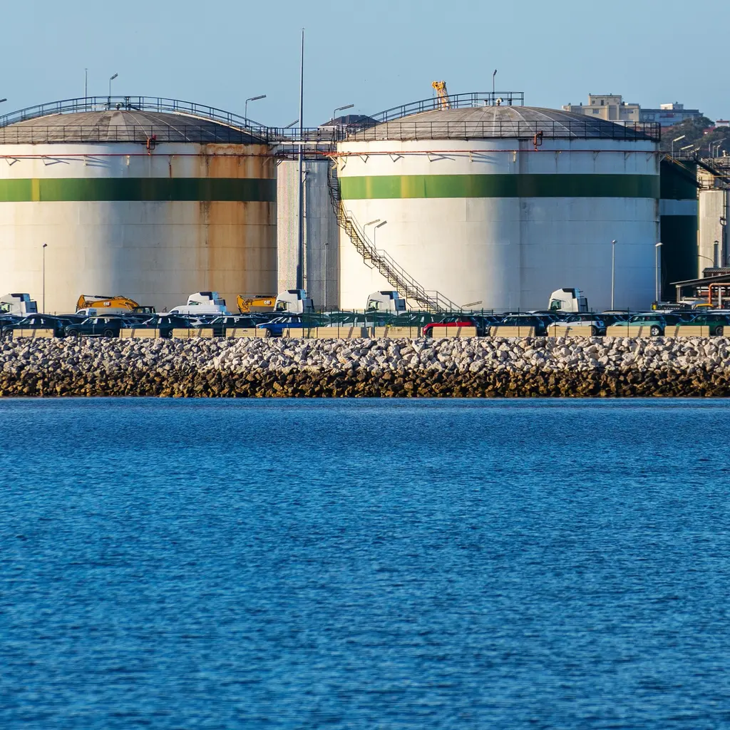 Large liquid-storage tanks beside a harbor.