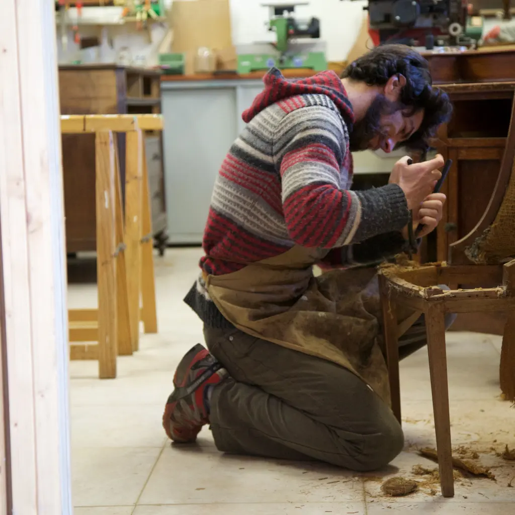 A craftsperson repairing an old wooden chair in a workshop.