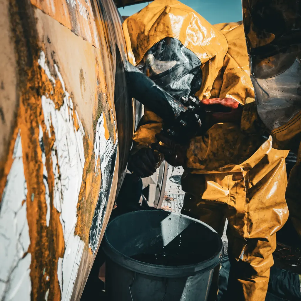 A protective-suited worker beside a container and collection drum.