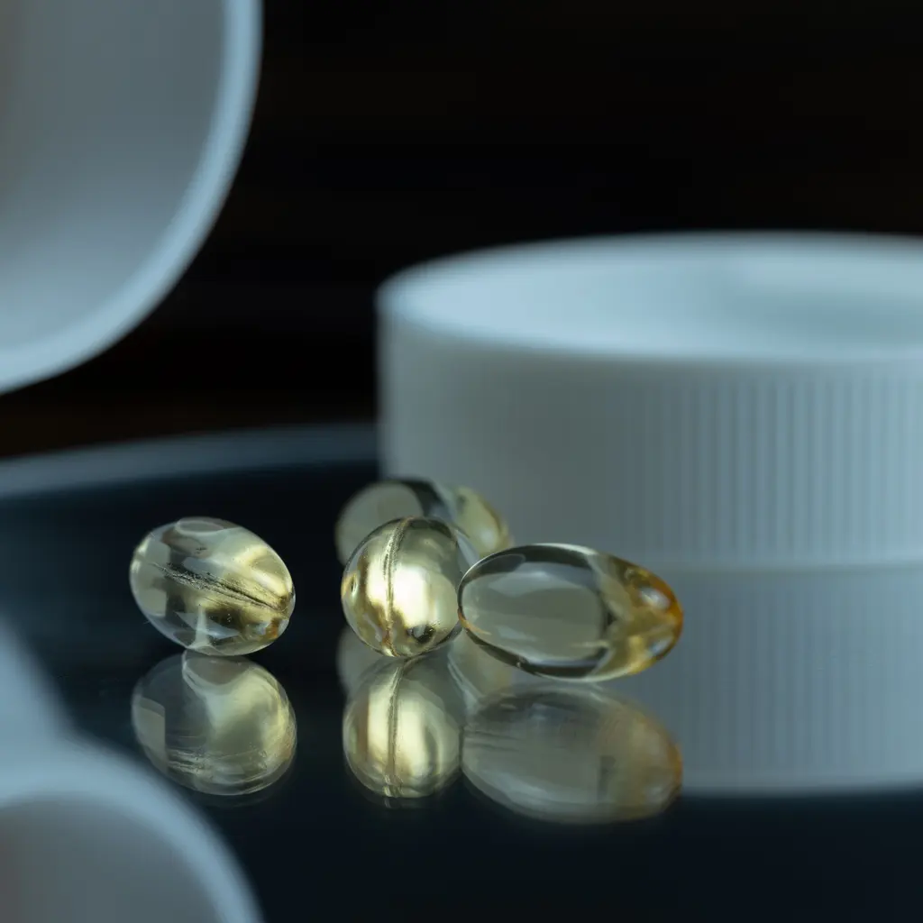 Translucent golden softgel capsules beside an open white bottle and cap.