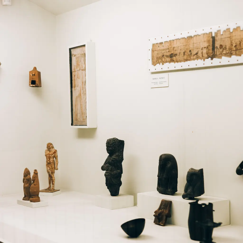 Figurines and written fragments arranged in a museum display.