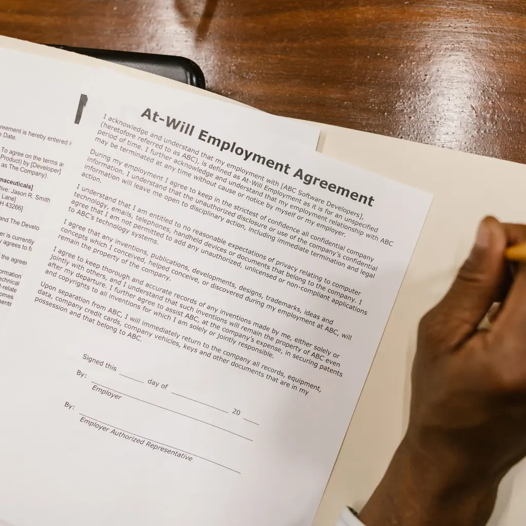 An at-will employment agreement being reviewed at a desk.
