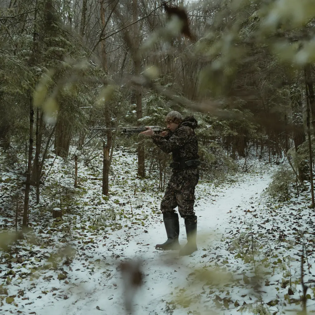 A person in camouflage holding a shotgun in a snowy woodland.