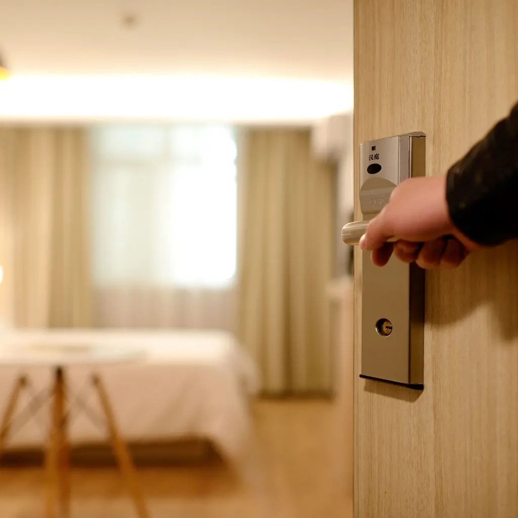 A hand opening a guestroom door with a made bed visible inside.