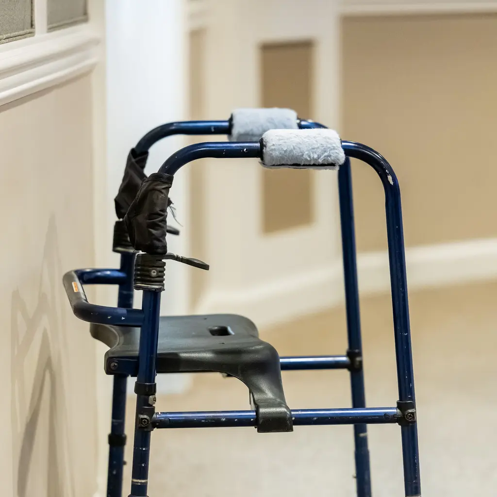 A blue walking frame standing beside a hallway wall.