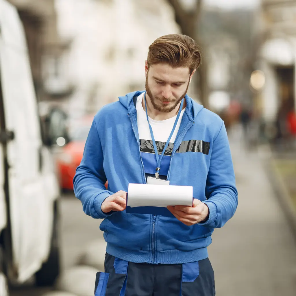A courier checking documents alongside a delivery van.