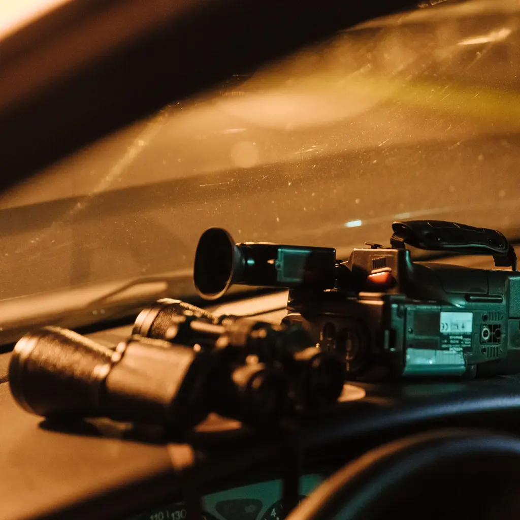 A camcorder and binoculars on a car dashboard at night.