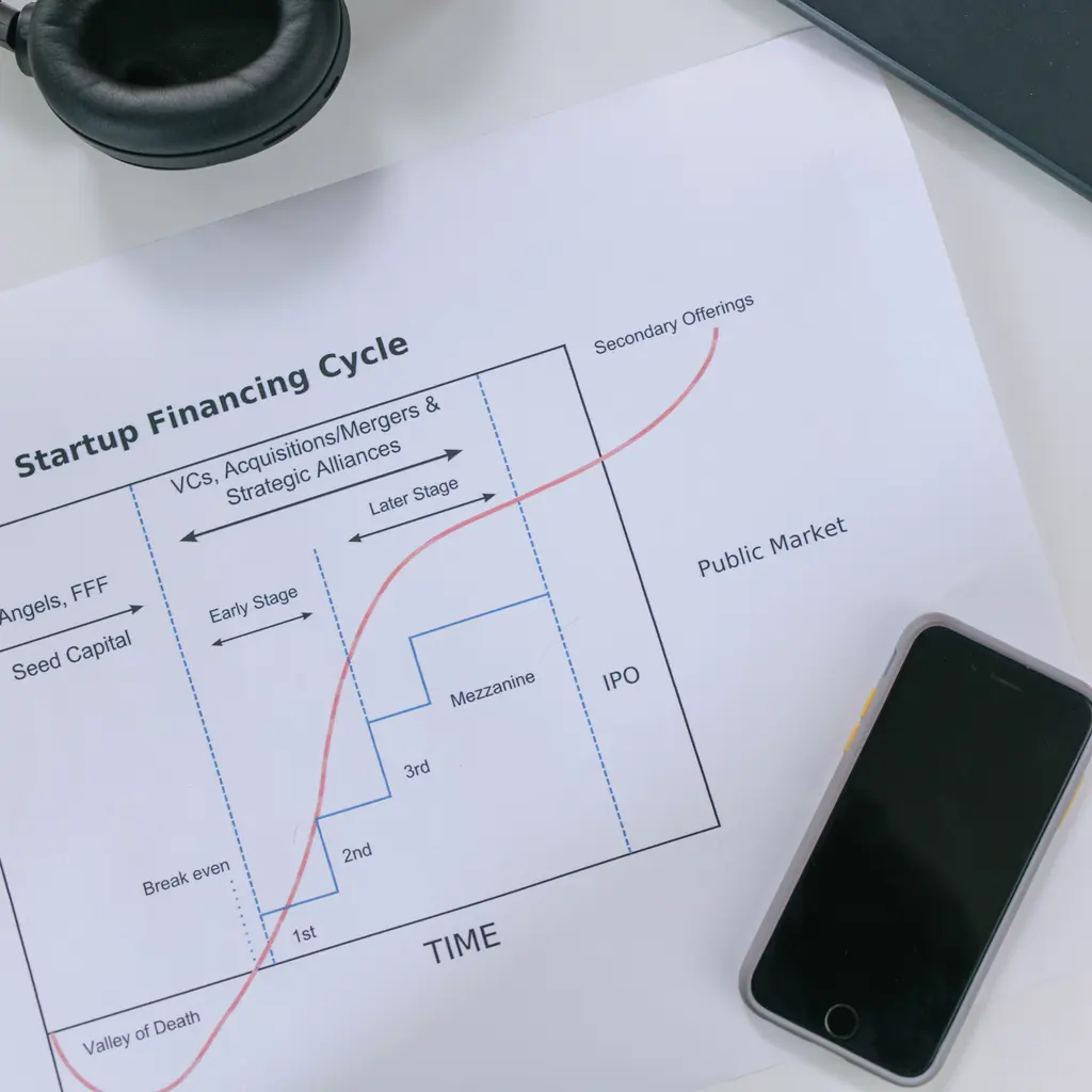 A startup-financing diagram showing funding stages and public markets.