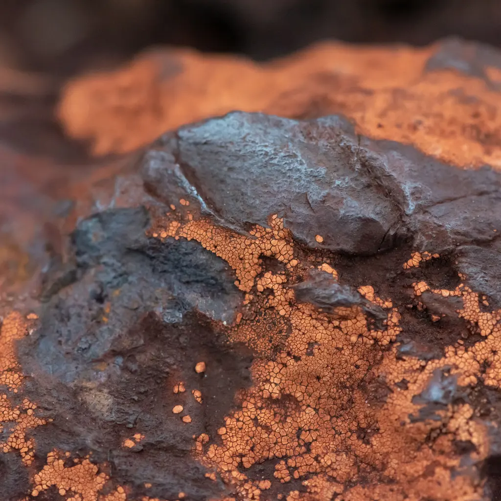 A close view of iron ore with reddish soil along the rock surface.