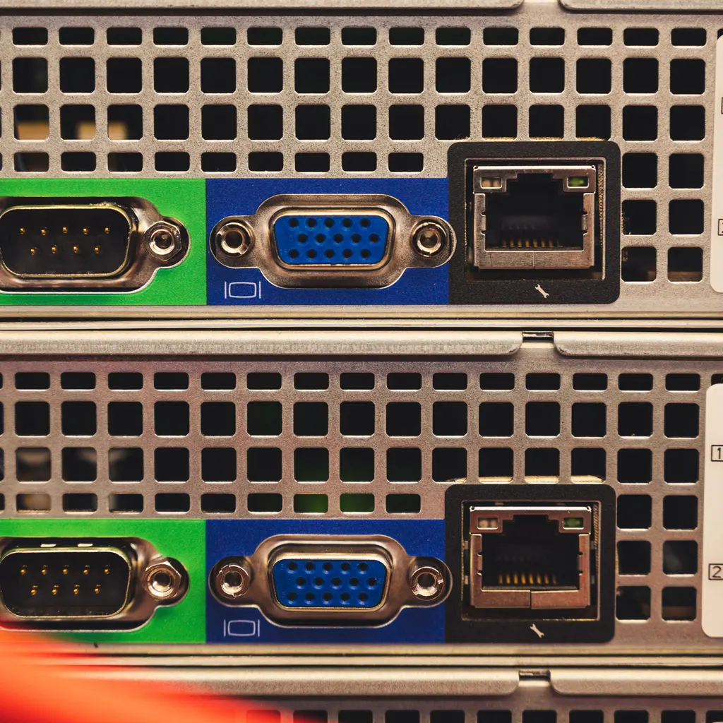 Ethernet, display and serial ports on the backs of server units.