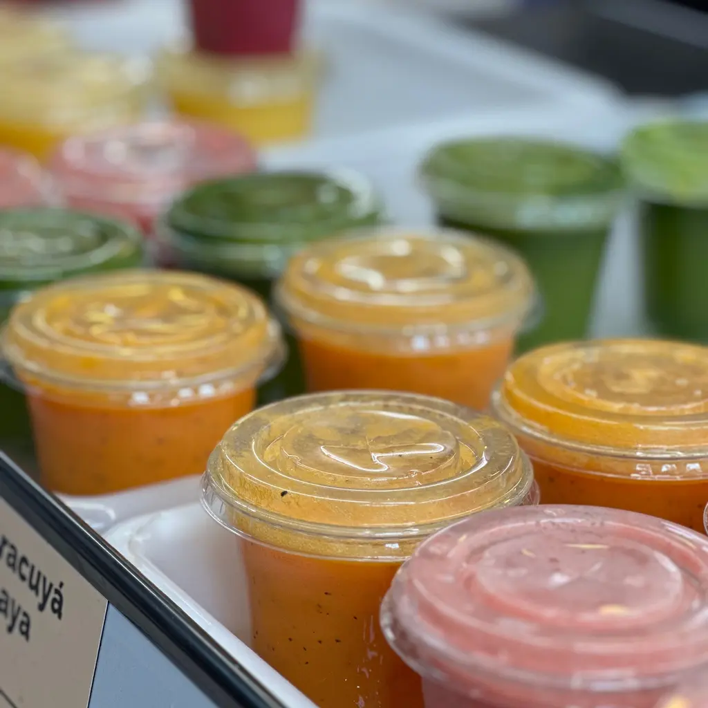 Colorful fruit smoothies in lidded cups arranged on a juice-bar counter.