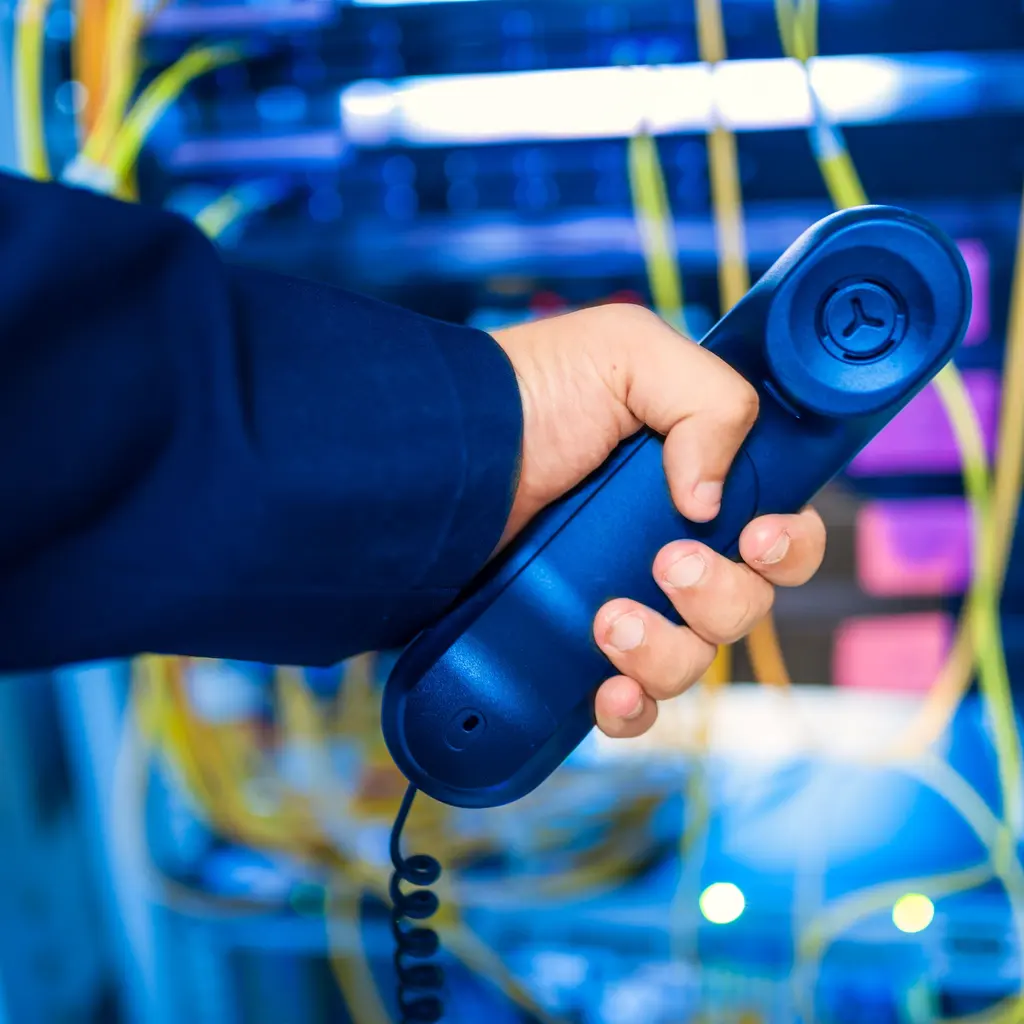 A wired telephone handset held in front of network equipment.