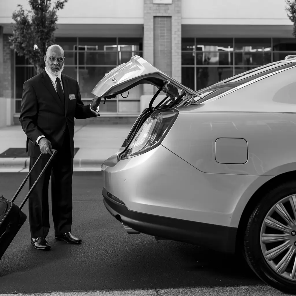A suited man with luggage beside the open trunk of an executive sedan.