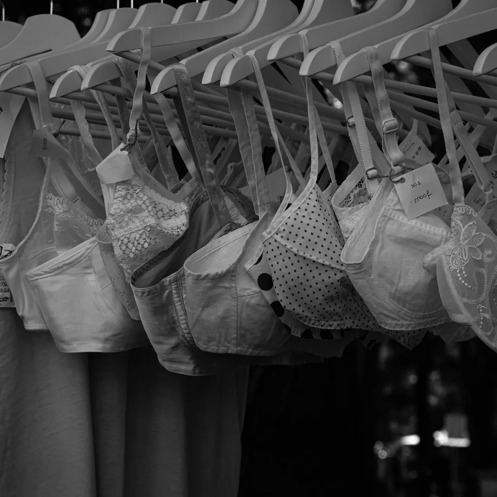Bras in several styles hanging from a clothing display rail.