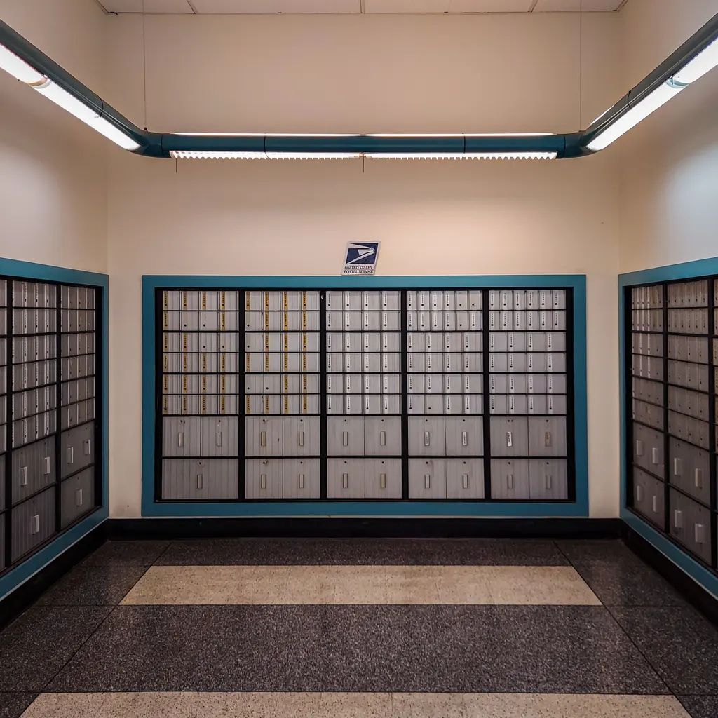 Rows of locked postal boxes inside a public-access lobby.