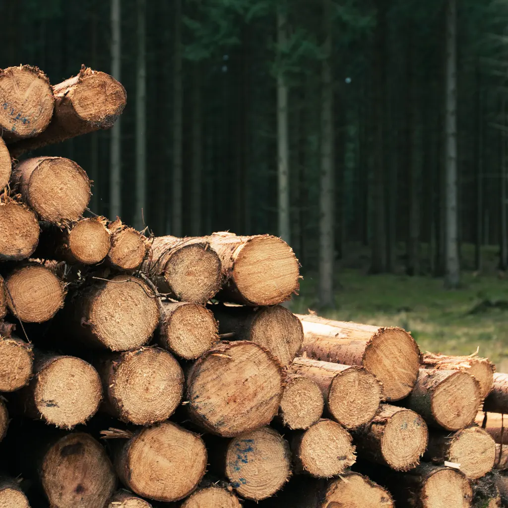 Stacks of cut timber beside a conifer forest.