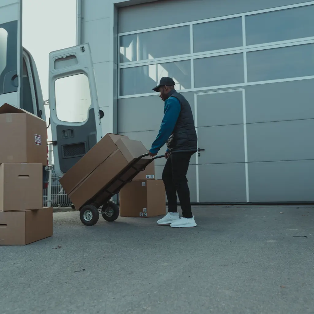 A parcel worker moving boxes on a hand truck beside a warehouse entrance.