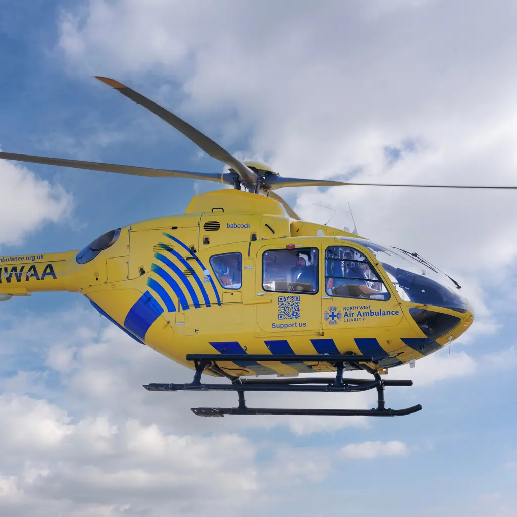 An air-ambulance helicopter in flight.
