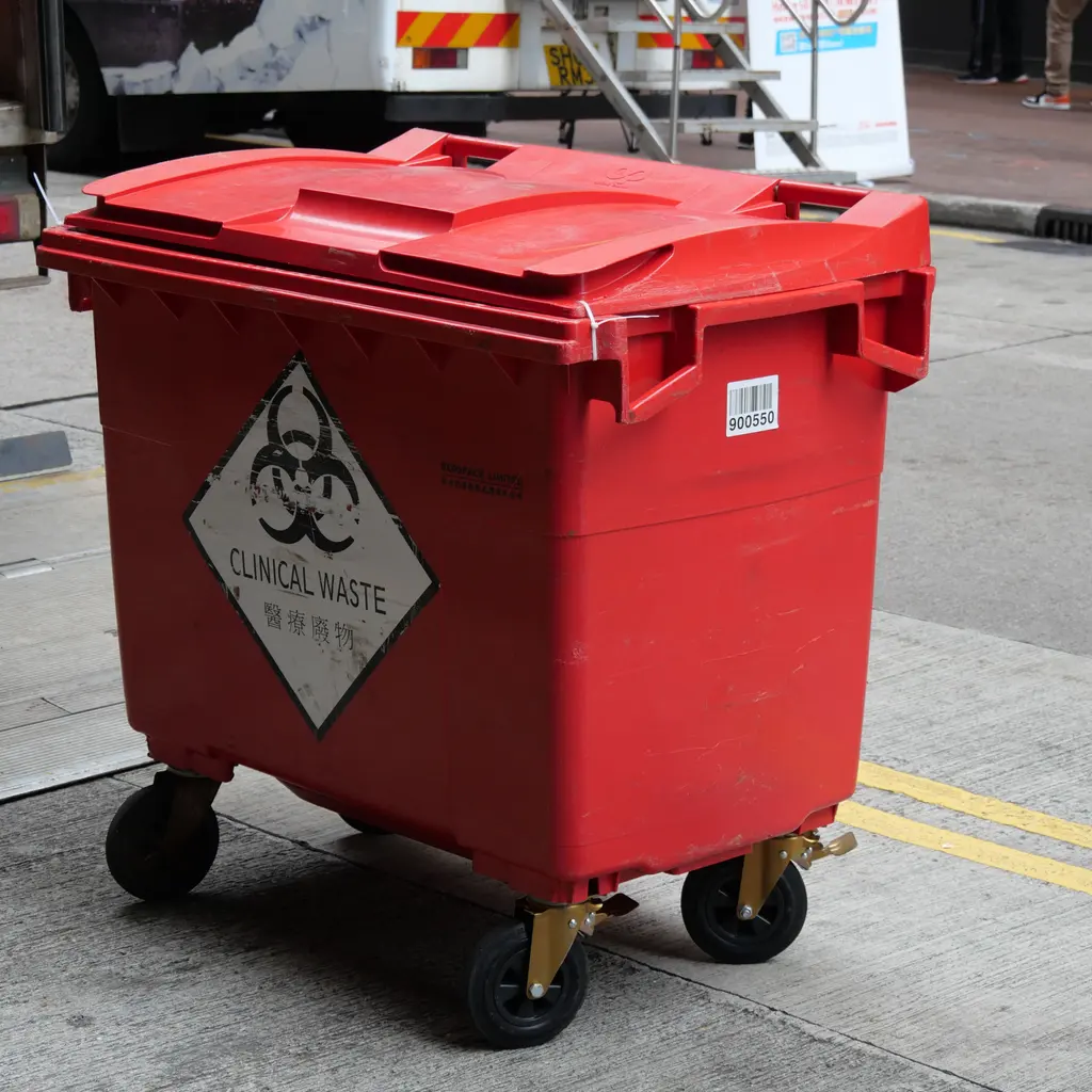 A red clinical-waste bin with a closed lid and biohazard label.