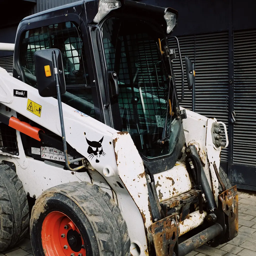 A compact loader without its bucket at a workshop entrance.