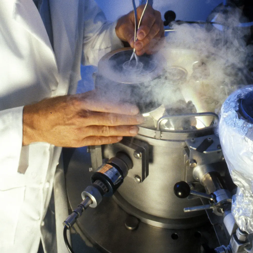 Hands positioning a specimen above an electron-microscopy preparation chamber.
