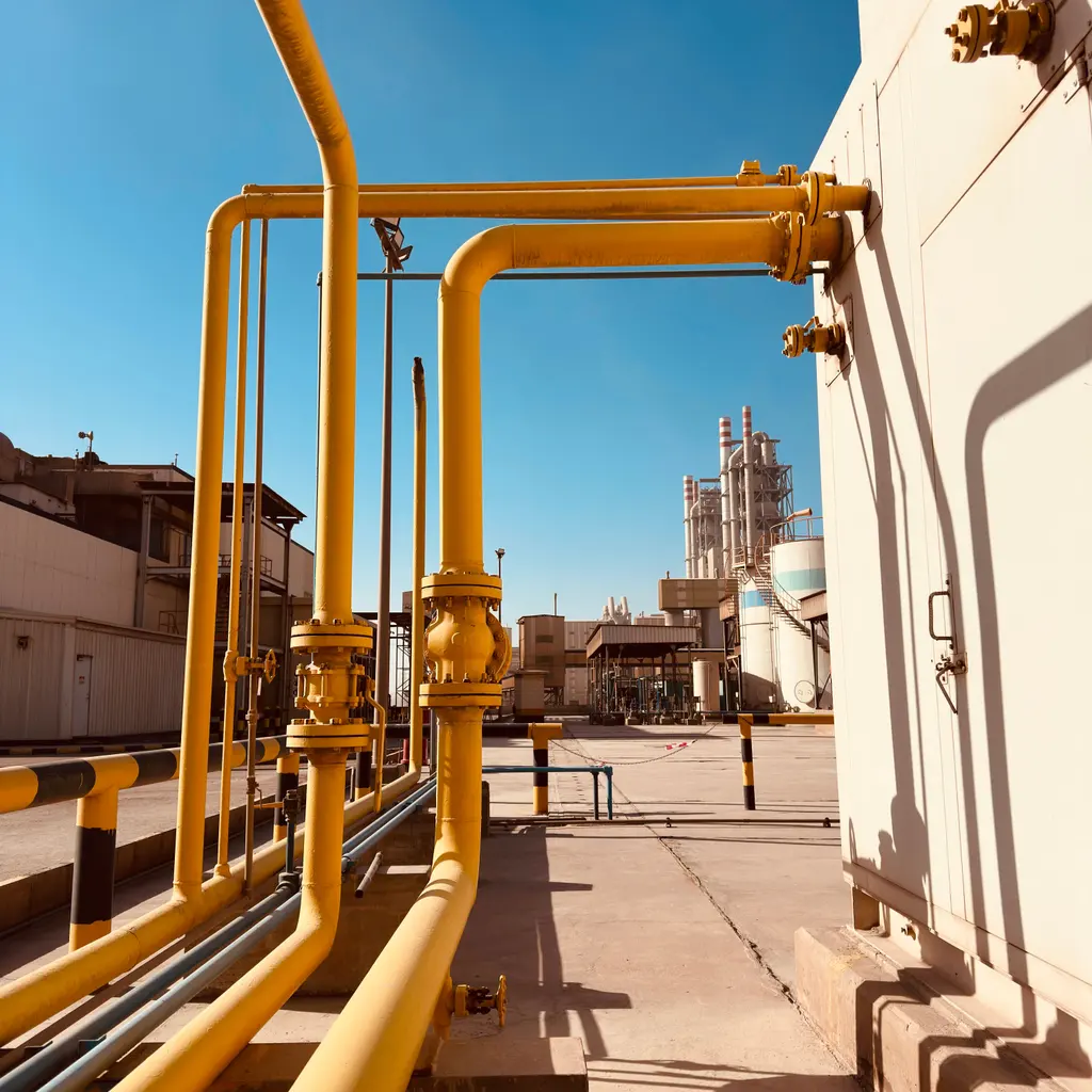 Yellow gas pipework and control valves outside an industrial building.