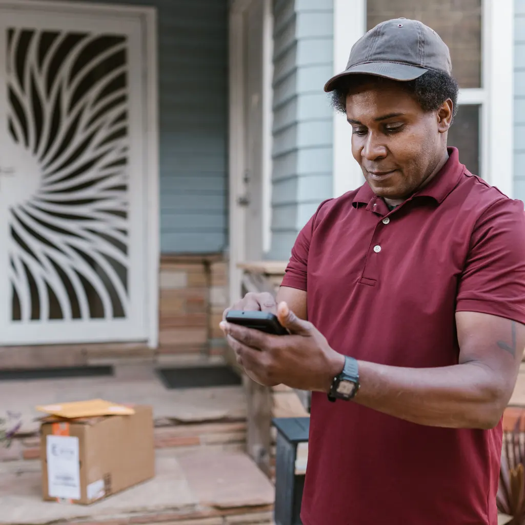 A courier checking a smartphone beside a parcel on a porch.