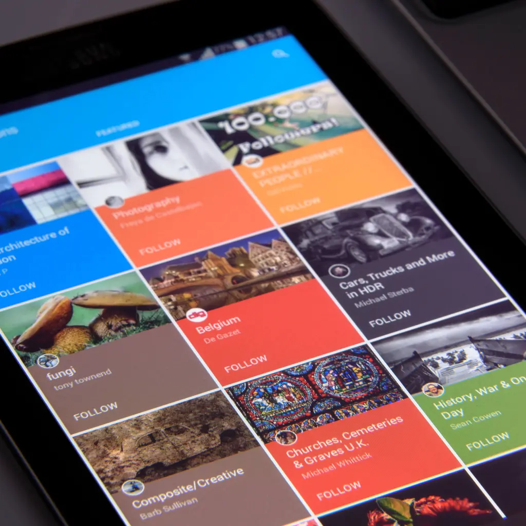 Topic-based content collections and follow options displayed on a tablet.