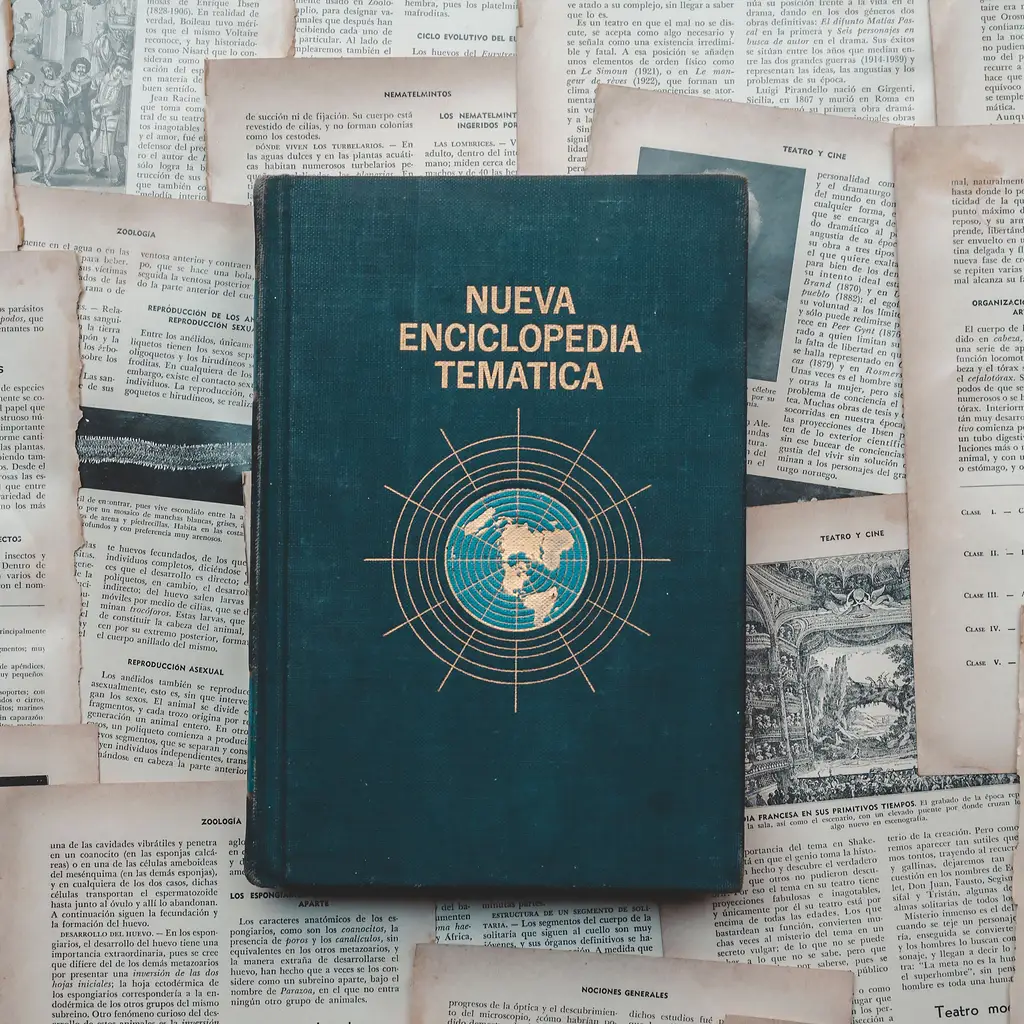A printed encyclopedia and reference pages.