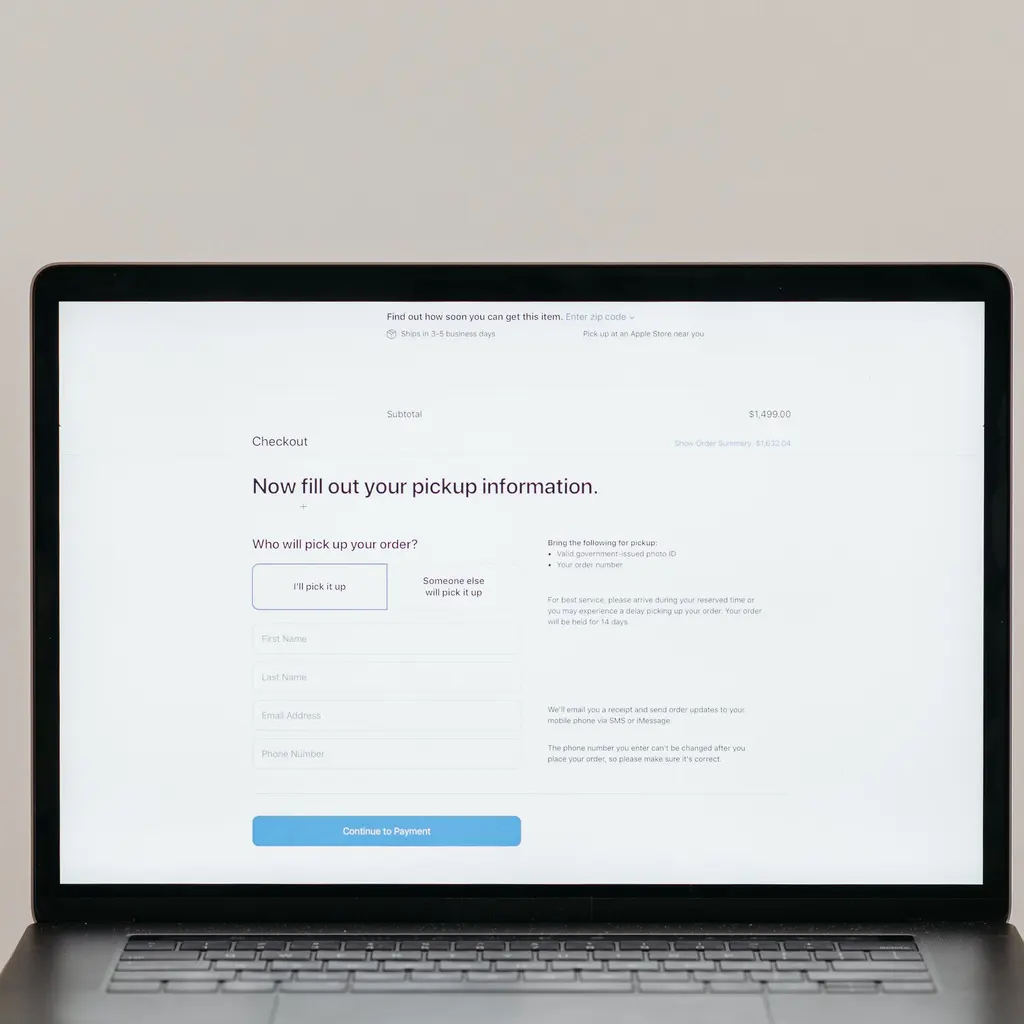 An online checkout form requesting pickup information.