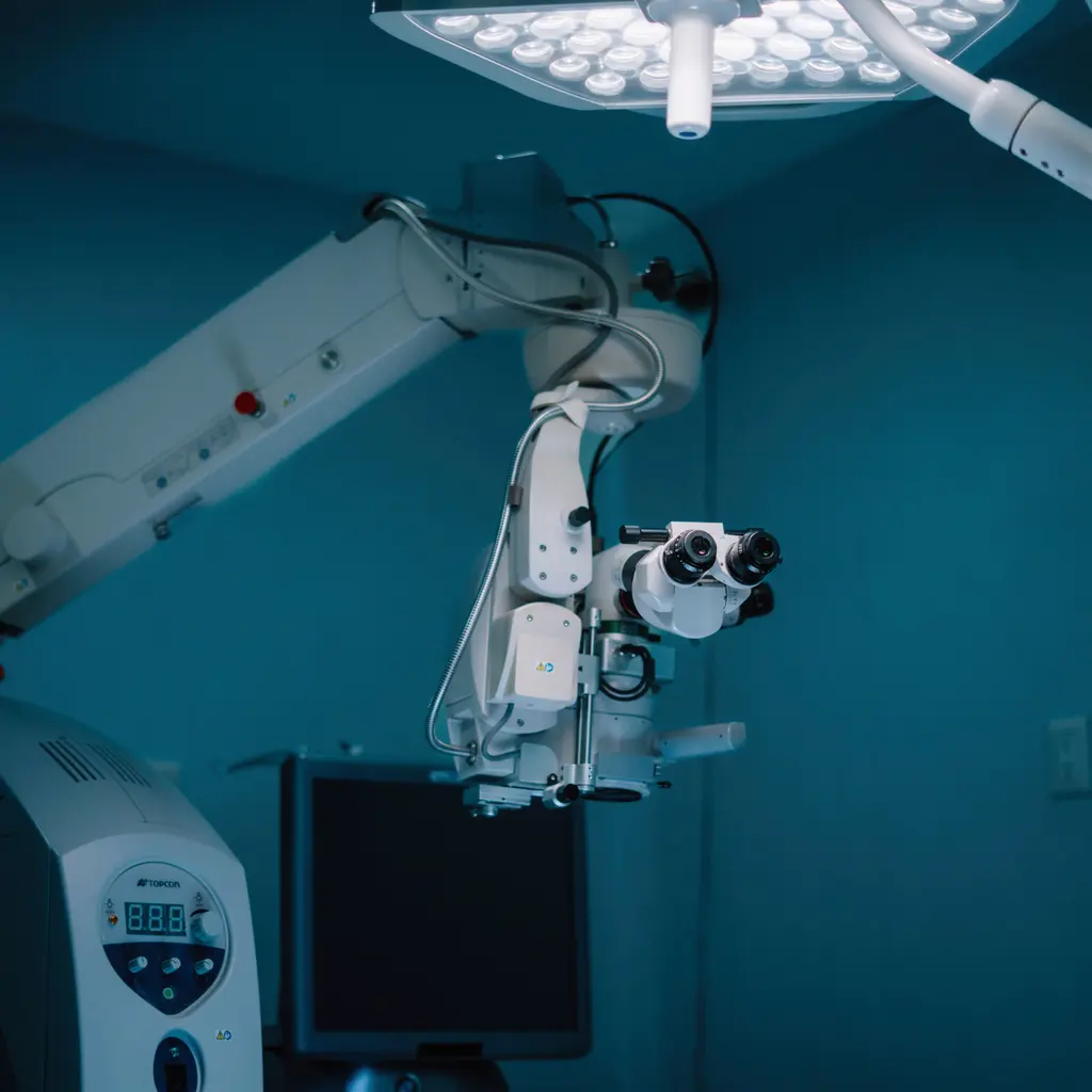 A surgical microscope and operating light in an empty procedure room.