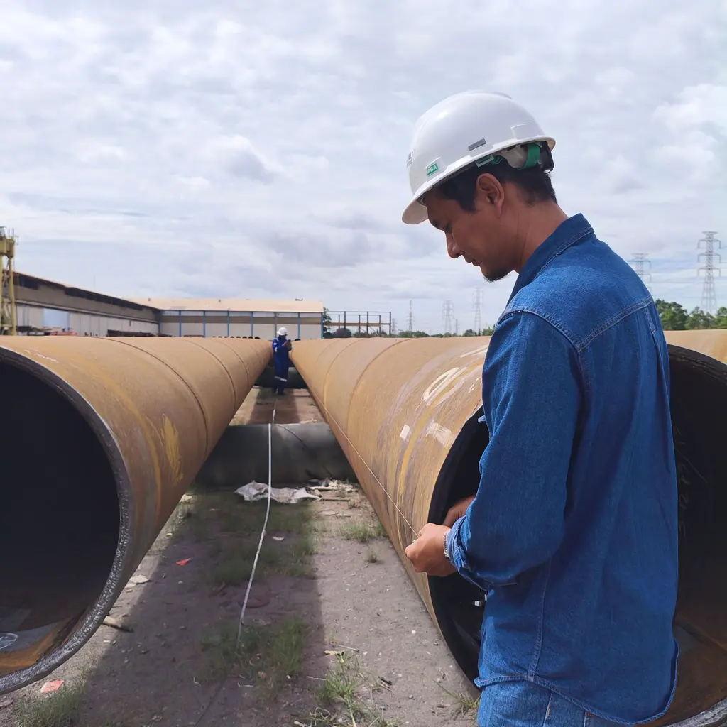 A worker measuring a large steel pipe section with a tape.