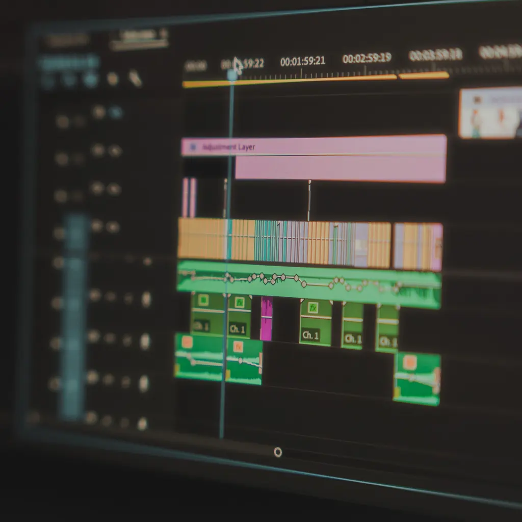 A monitor displaying a multitrack video-editing timeline.