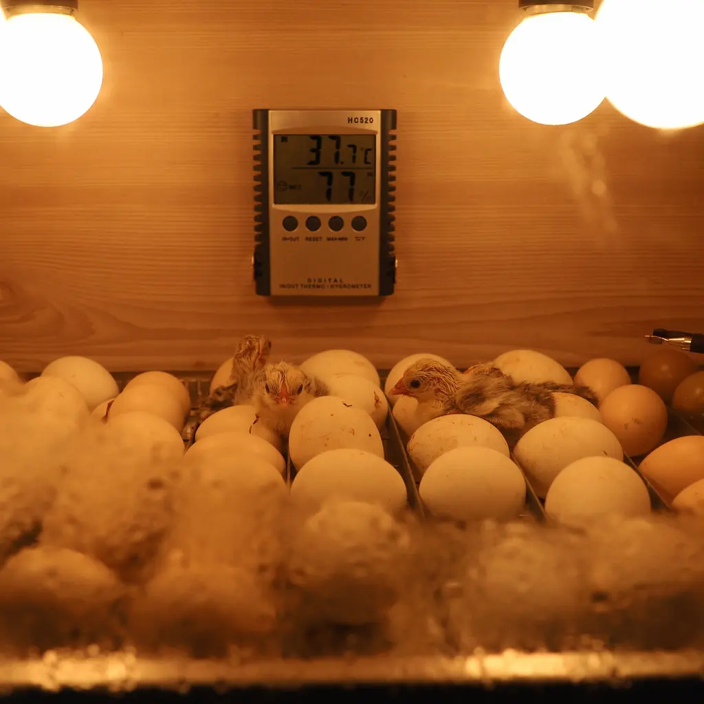 Eggs and newly hatched chicks beneath lamps inside a temperature-monitored incubator.