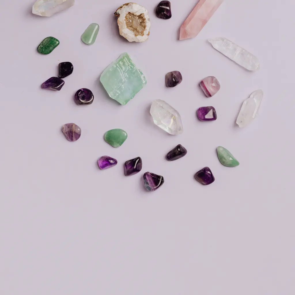 Loose polished gemstones and mineral pieces arranged on a pale surface.