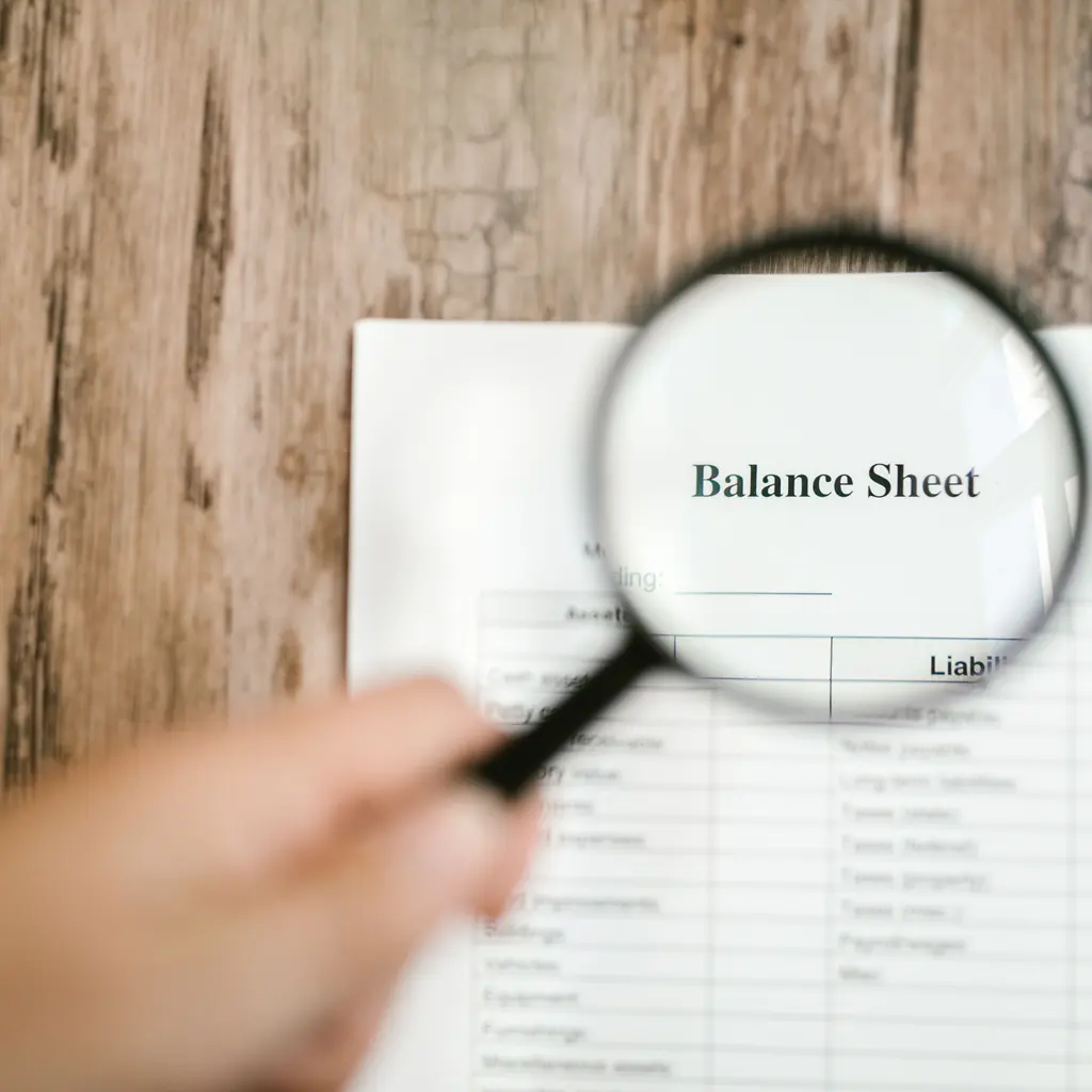 A balance sheet being examined with a magnifying glass.