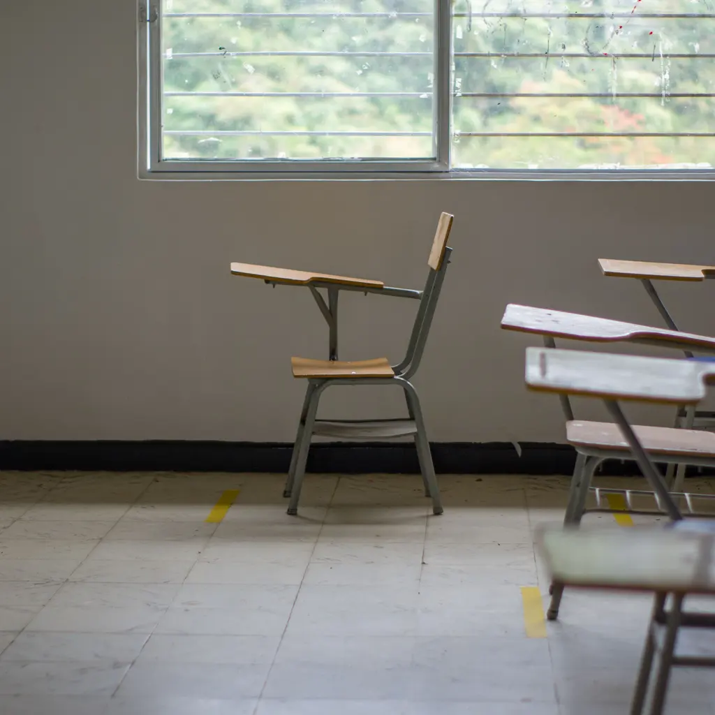 Individual student desks beside windows in an empty classroom.