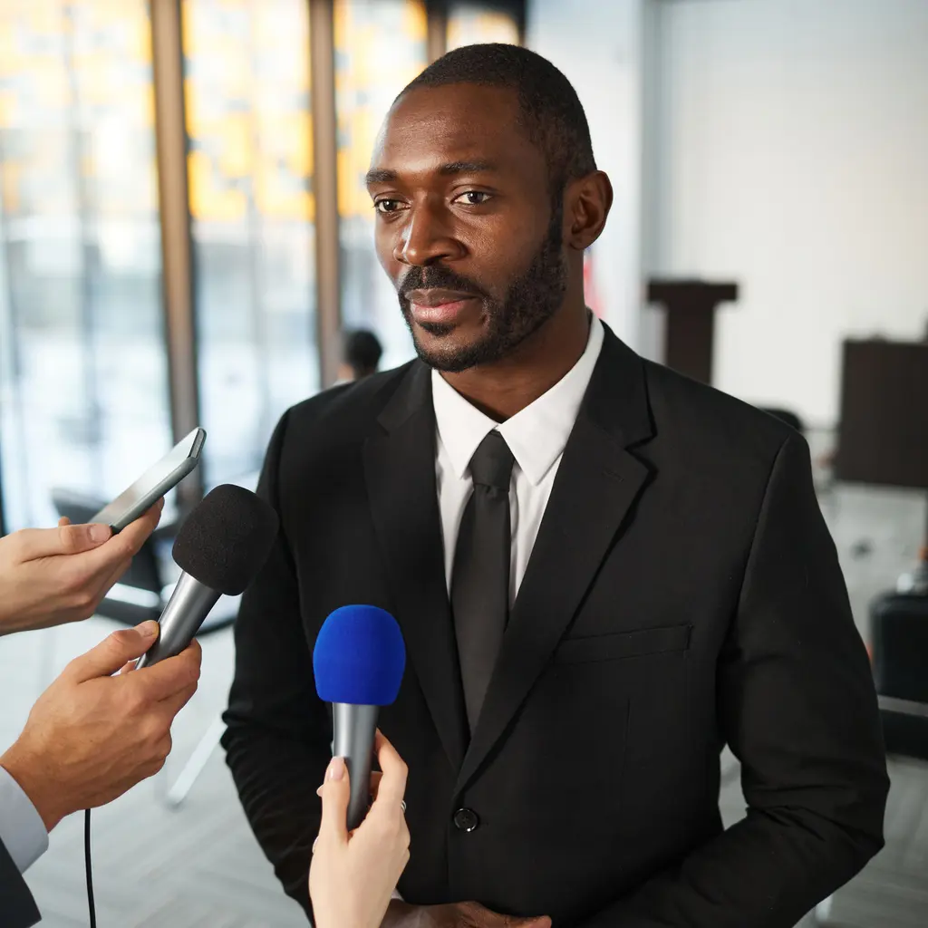 A spokesperson answering questions from reporters holding microphones.
