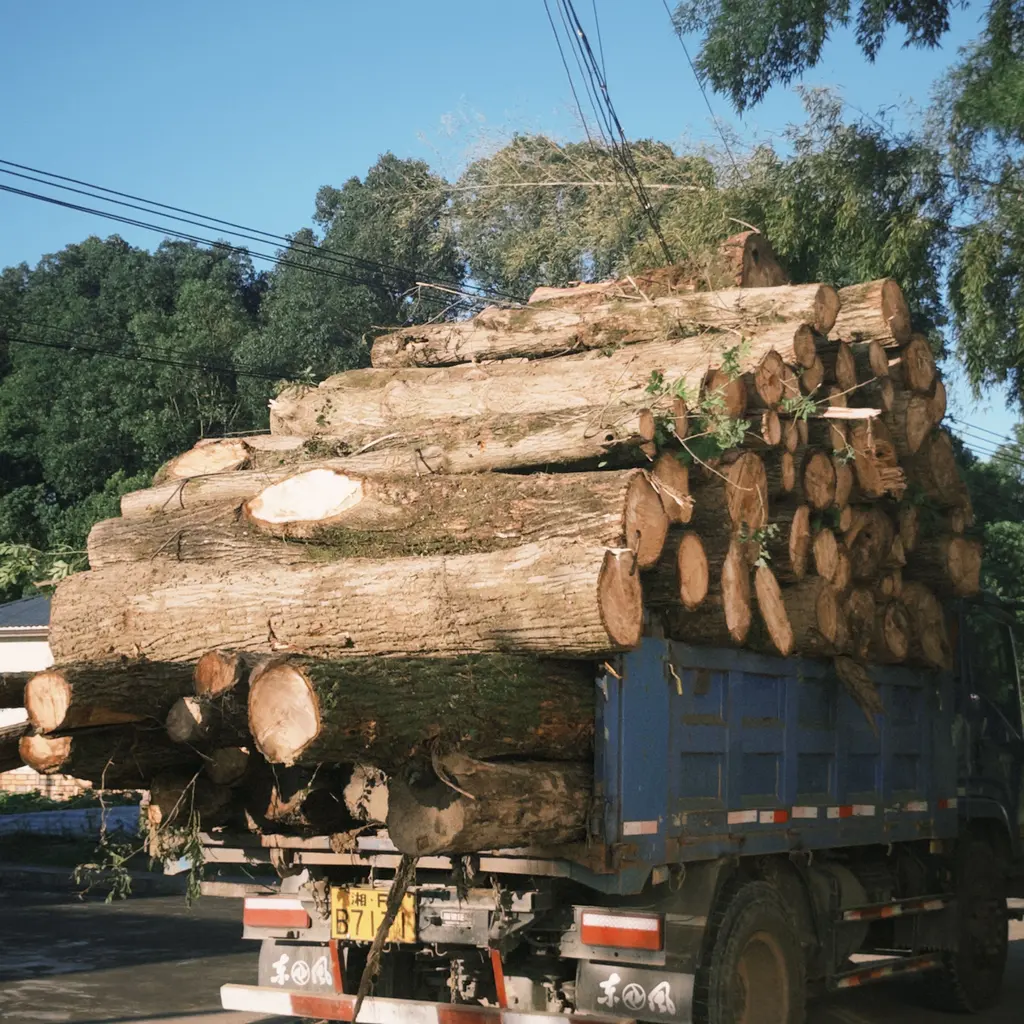 Cut timber logs loaded on a transport truck.
