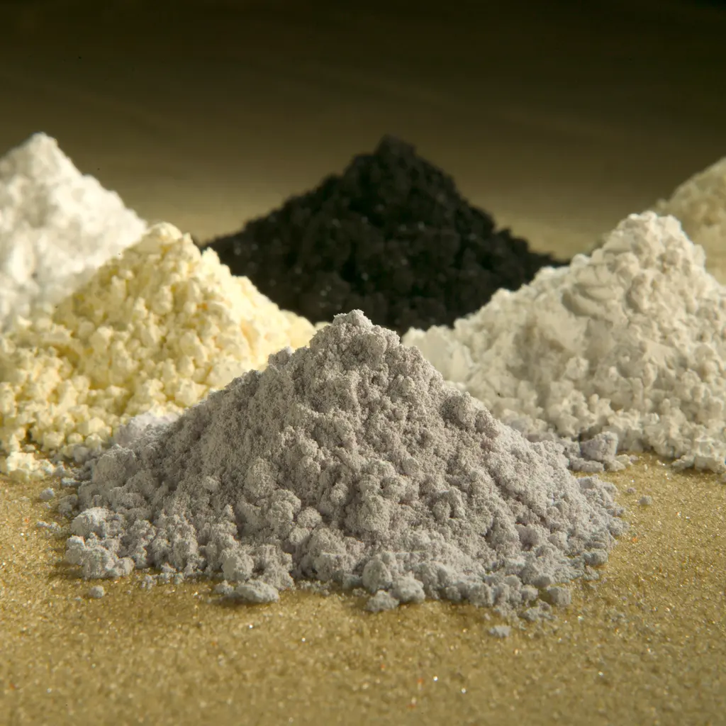 Small piles of rare-earth oxides in contrasting colors.