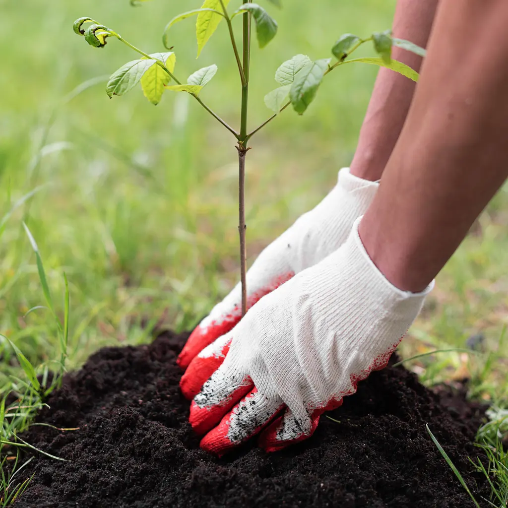 Gloved hands firming soil around a young tree.