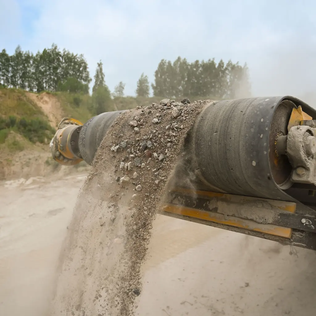 Aggregate falling from a conveyor belt at a processing site.