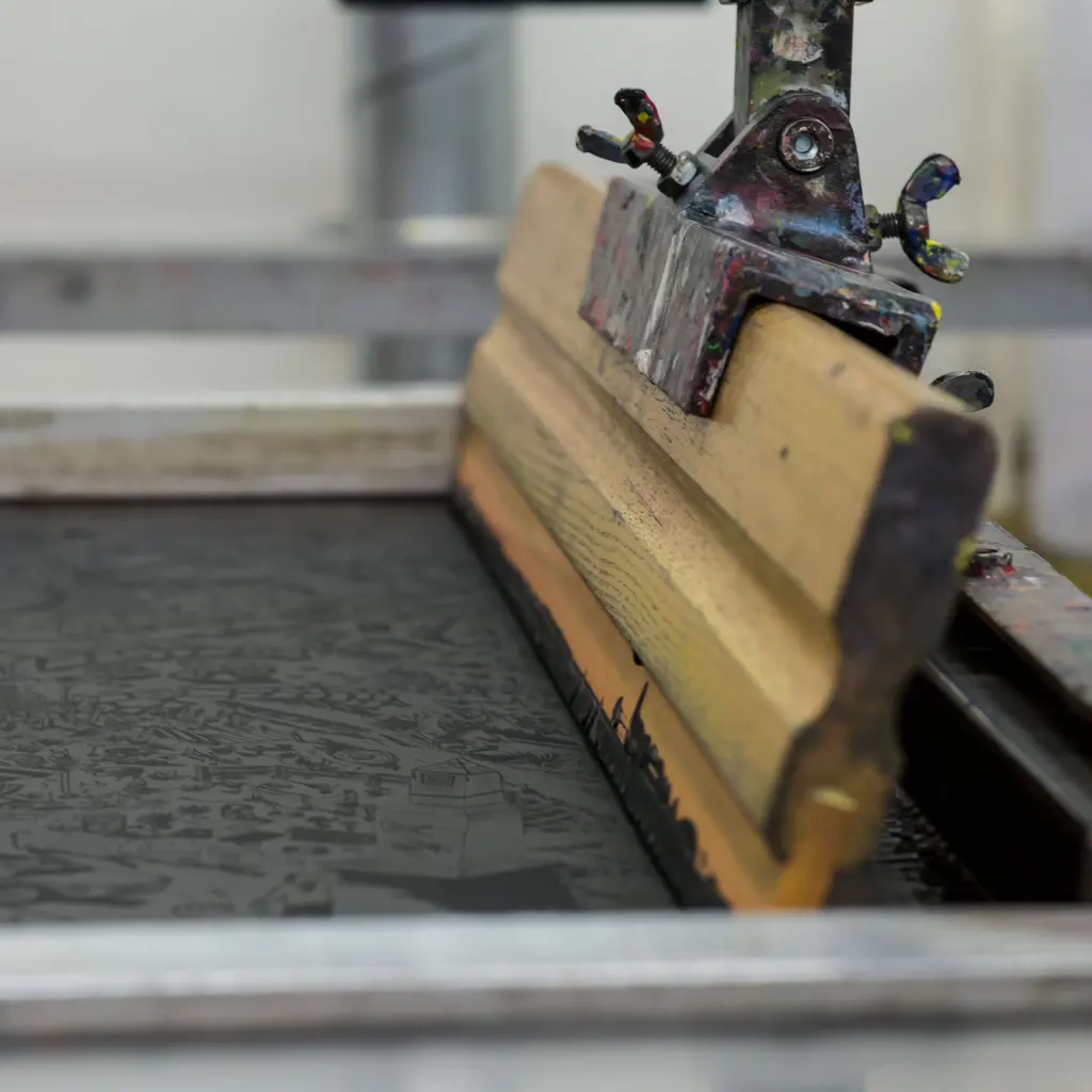 A wooden squeegee positioned over a mesh screen-printing frame.