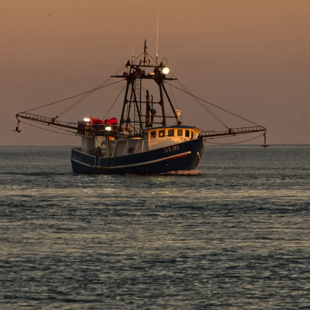 A working trawler with extended outriggers on the water at dusk.